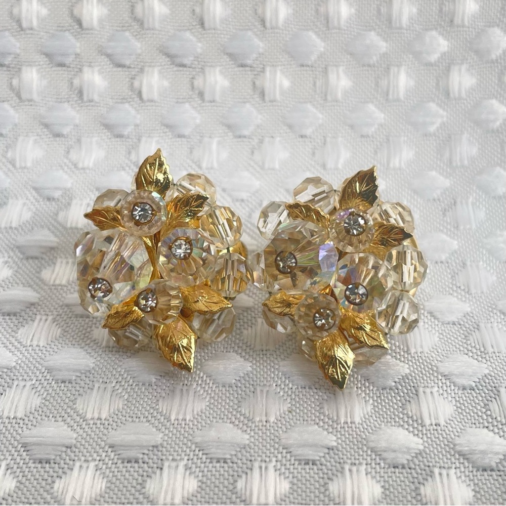 Vintage Signed VENDOME Screw Back Clip Crystal Cluster Gold Tone Earrings #636